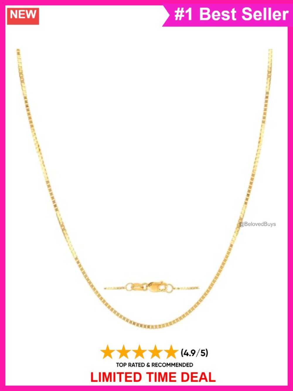 14K Solid Gold Box Chain Necklace Lobster Clasp 16 Inch